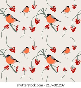 Bullfinch birds seamless pattern with Mountain ash leaves and berries. Merry Christmas collection background. Natural winter texture. Vector illustration