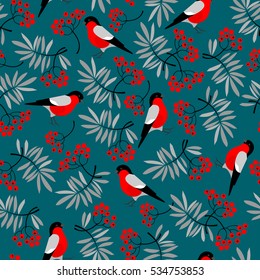 Bullfinch birds seamless pattern with Mountain ash leaves and berries. Merry Christmas collection background. Natural winter texture. Vector illustration.