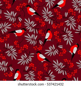 Bullfinch birds seamless pattern with Mountain ash leaves and berries. Merry Christmas collection background. Natural winter texture. Vector illustration