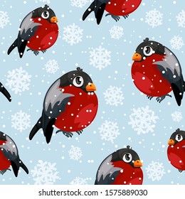 Bullfinch birds seamless pattern with snowfall. Merry Christmas collection background. Winter texture. Vector illustration. Bullfinches and snow on separate layers.