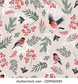 Bullfinch birds seamless scandinavian pattern with leaves and berries. Merry Christmas collection background. Winter texture. Vector illustration