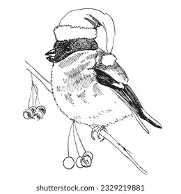 Bullfinch in black and white in hand drawn style. Vector stock illustration. isolated. Sketch. An animal in new year cap.