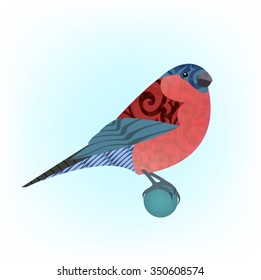 Bullfinch Christmas bird is executed by multicolored patterns. Shaped and ornamental bird vector bullfinch