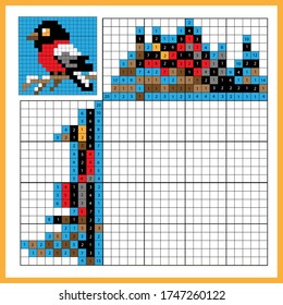 Bullfinch. Colorful japanese crossword with answer. Color by numbers. Coloring book for kids. Nonogram. Puzzle Game for school Children.