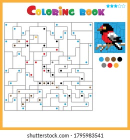 Bullfinch. Coloring book for kids. Colorful Puzzle Game for Children with answer.