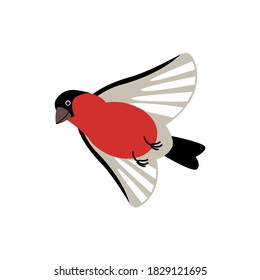 Bullfinch flies in the sky on a white isolated background. Cartoon vector bird for winter greeting cards, icons, logos or printing on any surface