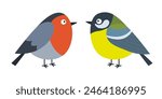 Bullfinch Great Tit red blue yellow feather bird set. Fat round body. Cute cartoon kawaii funny baby character. Winter animal collection. Childish style. Flat design. Isolated. White background Vector