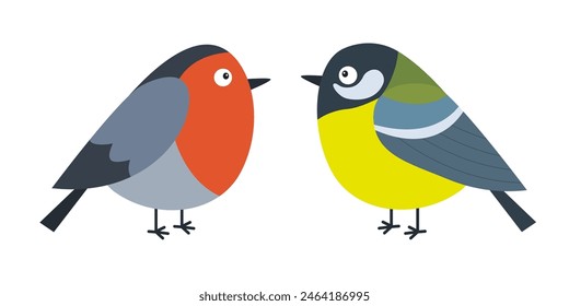 Bullfinch Great Tit red blue yellow feather bird set. Fat round body. Cute cartoon kawaii funny baby character. Winter animal collection. Childish style. Flat design. Isolated. White background Vector