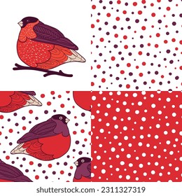 Bullfinch image and dotted abstract seamless patterns set. Vector design with hand-drawn elements for decor. Repeatable ornate and icons. Patchwork