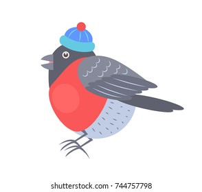 Bullfinch in knitted hat with red bubo icon isolated on white background. Vector illustration with beautiful bird in warm winter clothes