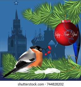 Bullfinch on the background of the Kremlin and St. Basil's Cathedral