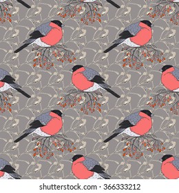Bullfinch on a background pattern of the branches of of willow. Seamless pattern for your design.