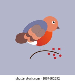 Bullfinch on a branch with berries on a purple background. Vector illustration. For textiles, wallpapers, backgrounds and postcards.