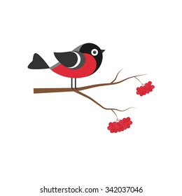 Bullfinch on the branch of mountain ash in flat style.