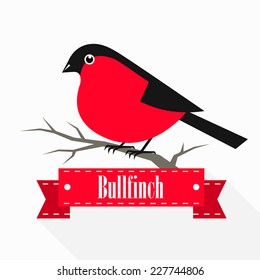 Bullfinch on a branch with a ribbon. Vector illustration.