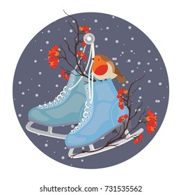 Bullfinch on branch of rowan tree. Merry christmas or new year card.