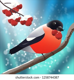 bullfinch on a branch in a snowy forest - vector illustration