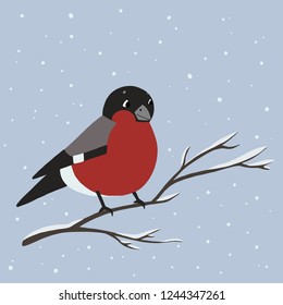 Bullfinch on a branch. Vector greeting card. For Christmas decoration, posters, banners, sales and other winter events. The Christmas composition.