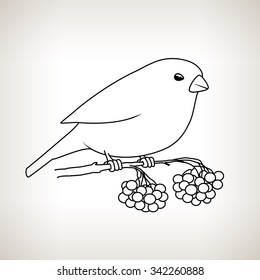 Bullfinch on a Light  Background, Bullfinch Sitting on a Branch with Bunches of Rowan, Drawing in Linear Style, Christmas Decorations,  Merry Christmas and Happy New Year , Black and White  Vector