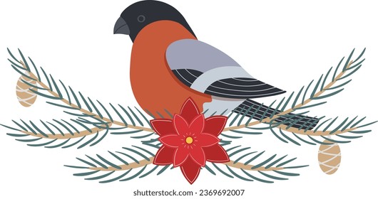 A bullfinch on a spruce branch. New Year illustration in flat style. Bird on a branch.