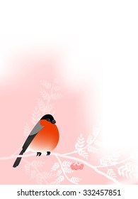 Bullfinch on white branch with berries of mountain ash. Greeting card