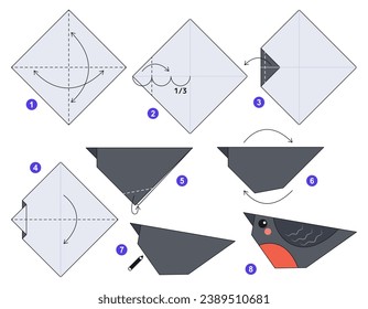 Bullfinch origami scheme tutorial moving model. Origami for kids. Step by step how to make a cute origami bird. Vector illustration.