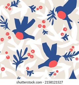 Bullfinch red breast bird with rowanberry Matisse style vector seamless pattern. Minimalistic blue red cutout shape winter birds fly surface design for Christmas decor gift wrapping paper.