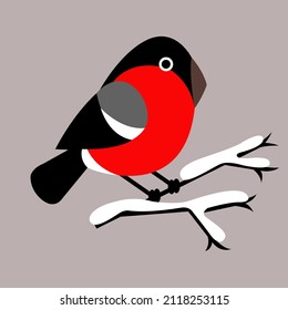 bullfinch. a red winter bird sits on a snowy branch. vector flat illustration.