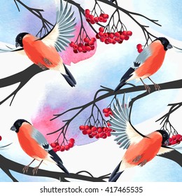 Bullfinch and rowan branches vector seamless background
