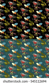 Bullfinch seamless season pattern set with mushrooms, leaves, birds, berries. Vector Illustration. Autumn.