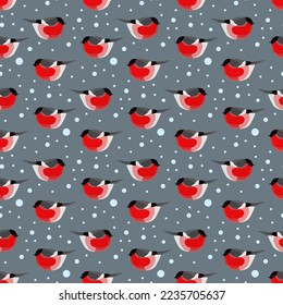 Bullfinch seamless vector pattern, winter bird, snow fall