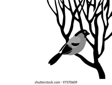 bullfinch silhouette on wood branch, vector illustration