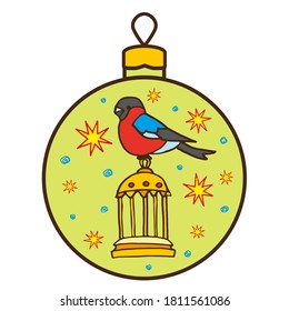 bullfinch sits on a cage in a Christmas ball