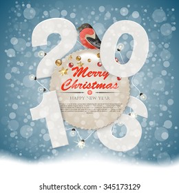 Bullfinch sitting on banners with Christmas toy. Christmas lights garland with stars and balls. Abstract winter background with paper number 2016, bokeh and snow