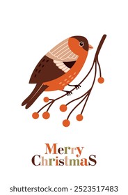 Bullfinch sentado no galho com bagas. Texto "Feliz Natal". Aconchegante e bonito clip art para Natal, cartão de Ano Novo. Design plano. Ilustração com pássaro de inverno em estilo cartoon. Adesivo vetor vintage.	