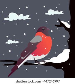 Bullfinch sitting on branch. Vector flat cartoon illustration