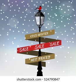 Bullfinch sitting on lamppost under the snow. Vector illustration