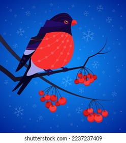A bullfinch sitting on a rowan tree with red berries. the weather is cold and it snows. 