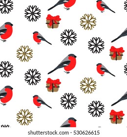 Bullfinch and snowflakes seamless pattern. Vector white holiday winter background. Bird, snow and gift boxes print.