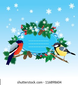 Bullfinch and  tit with Christmas tree, holly and fir cones - oval frame