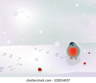 Bullfinch. The vector illustration of small cute bird on snow.
