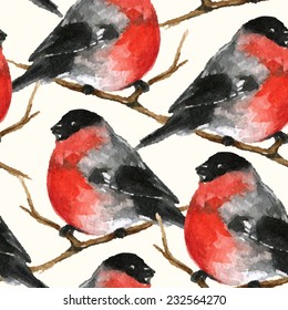 Bullfinch watercolor vector pattern