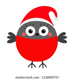 Bullfinch winter red feather bird wearing Santa hat. Merry Christmas. New Year. Greeting card. Cute cartoon kawaii funny baby character. Flat design. White background. Isolated. Vector illustration