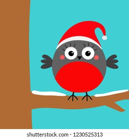 Bullfinch winter red feather bird sitting on tree branch. Santa hat. Cute cartoon baby character. Merry Christmas. New Year. Greeting card. Flat design. Blue background. Vector illustration
