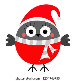 Bullfinch winter red feather bird. Santa hat, gray scarf. Merry Christmas. New Year. Greeting card. Cute cartoon kawaii funny baby character. Flat design. White background. Vector illustration