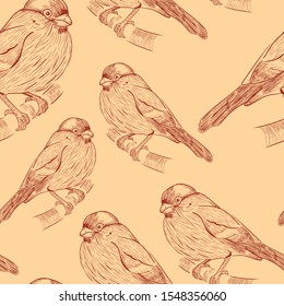 Bullfinches animals seamless pattern on brown background. Concept for textile, cards, web design 