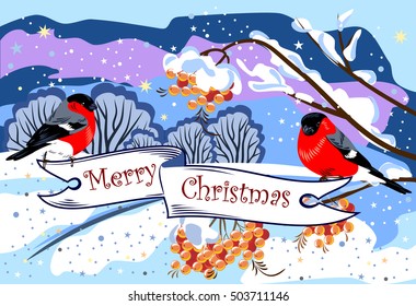 Bullfinches and a banner with the wishes of a Merry Christmas