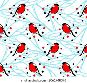 Bullfinches and branches. Blue stylized tree branches with birds on a white background. New Year vector pattern.