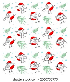 Bullfinches in caps of Santa Claus and spruce branches on a white background. New Year's stylized pattern.