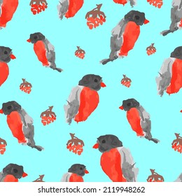 Bullfinches childrens hand drawing pattern seamless. Baby fabric texture